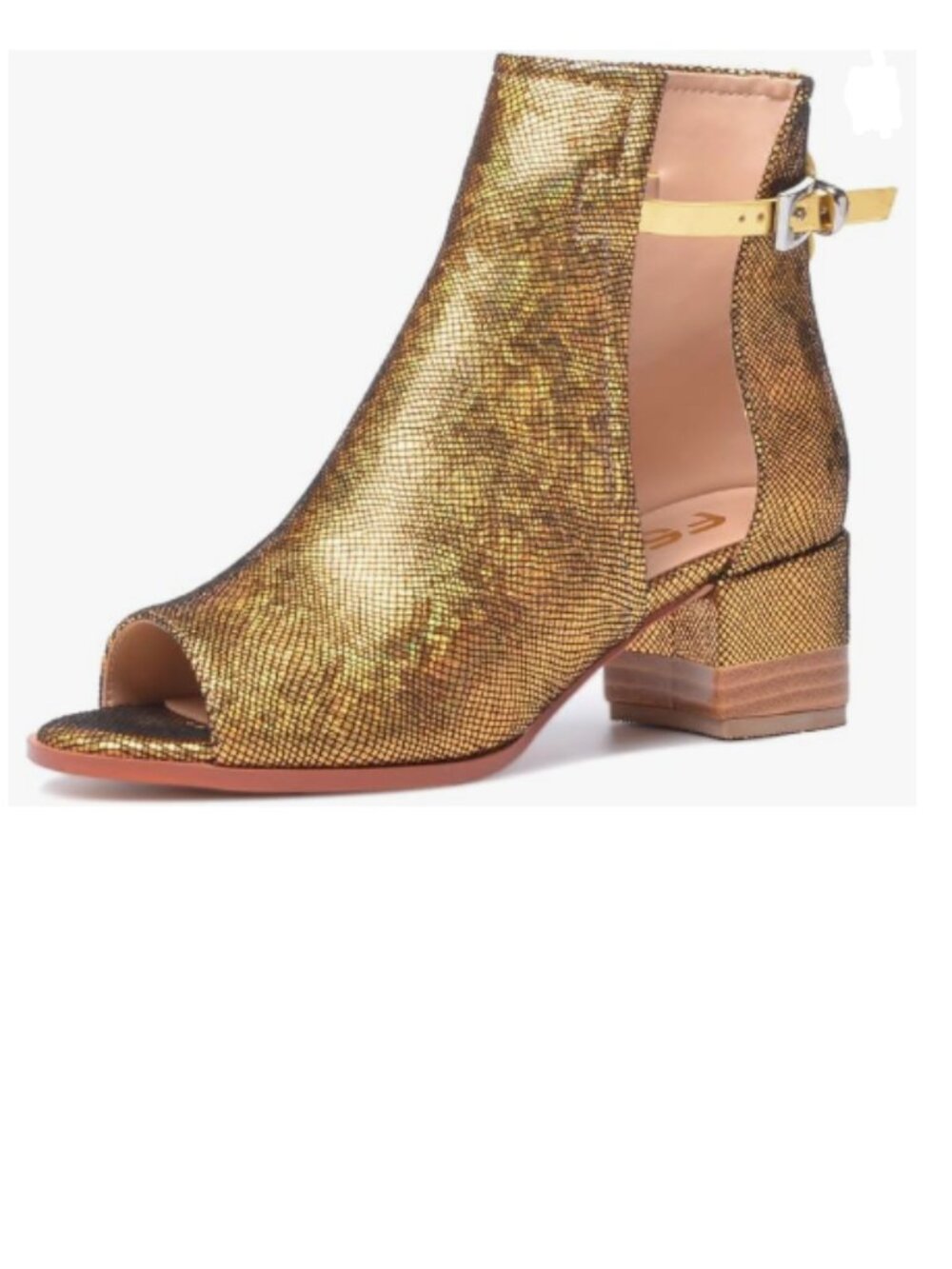 FSJ Gold Sequins Peep Toe Cut Out Buckle Ankle Bootie Block Low Heeled Sandal